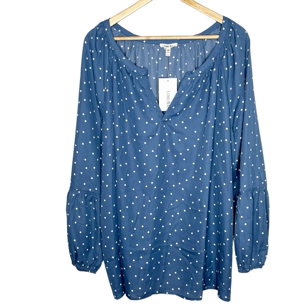 Como Blu Polka Dot Long Sleeve Top Blue Womens Size 3X Office Preppy Work Blouse